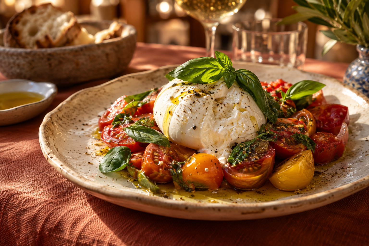 Burrata med solmogna tomater, basilika och olivolja på en keramiktallrik
